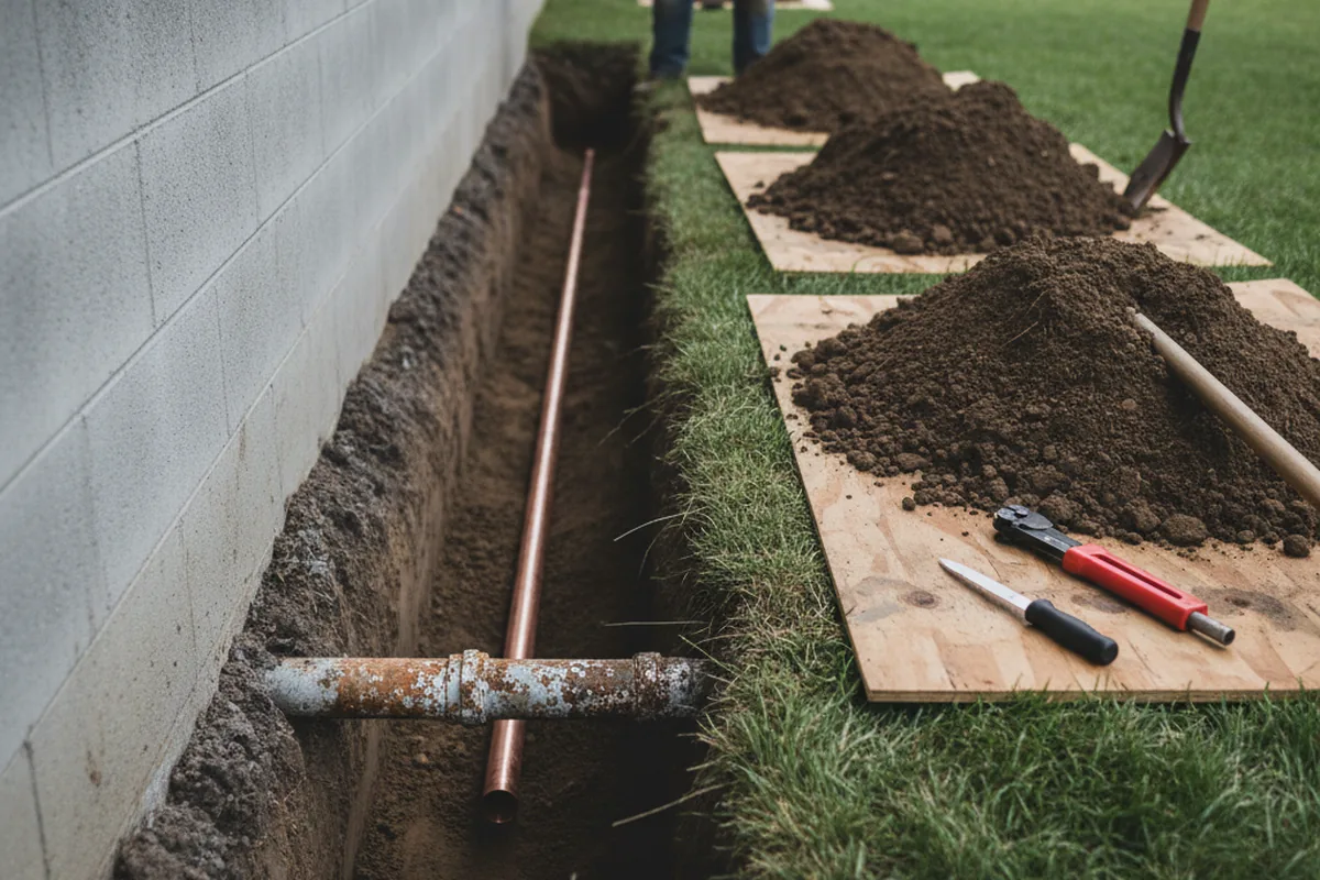 Excavated water line trench during Sewer Line Repair in Twelve Mile